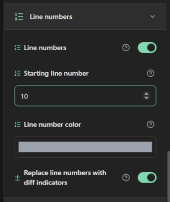 Code block line numbers and starting offsets