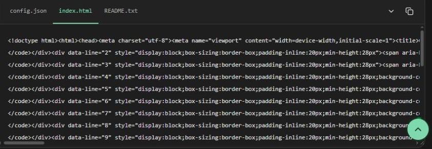 Generated index.html in the output file panel