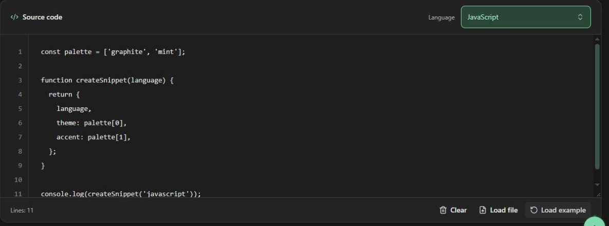Load source code, files and language examples