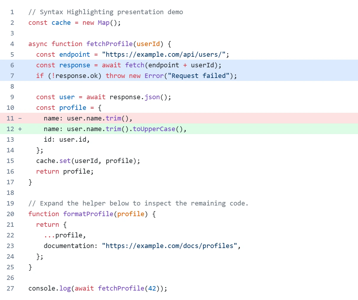 Exported code block with blue emphasis, a green added line and a red removed line