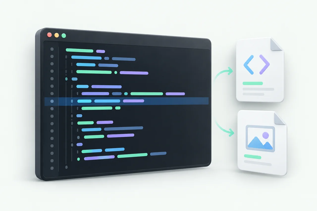 Ilustración de código con resaltado de sintaxis y una línea destacada junto a un documento HTML y una imagen del código